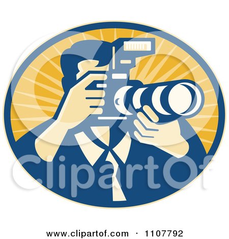 Clipart Retro Male Photographer Using A DSLR Zoom Lense Camera In An Oval Of Rays - Royalty Free Vector Illustration by patrimonio