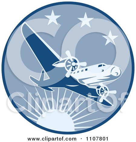 Clipart Retro Airplane Flying In A Blue Circle With Sun And Stars - Royalty Free Vector Illustration by patrimonio