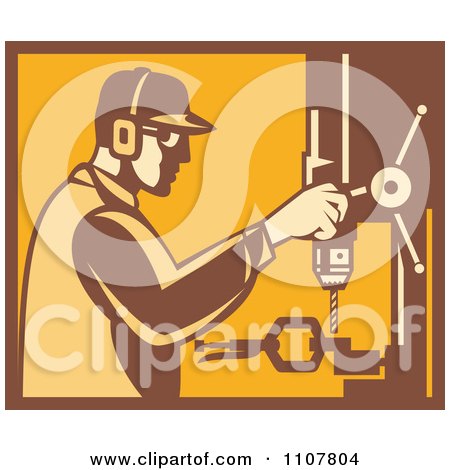 Clipart Retro Factory Worker Operating A Drill Press In Yellow And Brown - Royalty Free Vector Illustration by patrimonio