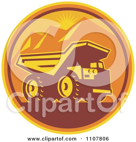 Clipart Retro Mining Dump Truck In A Circle Of Mountains And An Orange Sunset - Royalty Free Vector Illustration by patrimonio