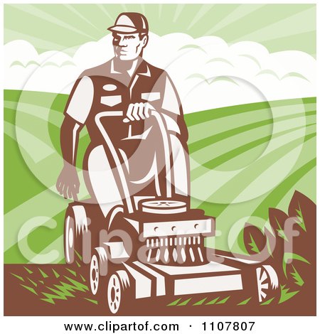 Clipart Retro Landscaper Man Pushing A Lawn Mower - Royalty Free Vector Illustration by patrimonio