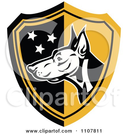 Clipart Doberman Guard Dog Head With Stars On A Black And Yellow Shield - Royalty Free Vector Illustration by patrimonio