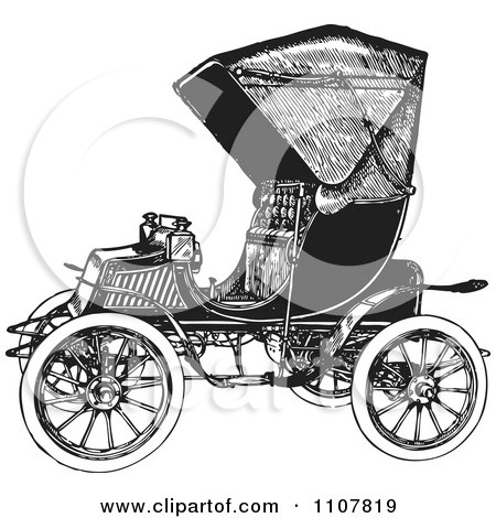 Clipart Retro Black And White Vintage Convertible Car 3 - Royalty Free