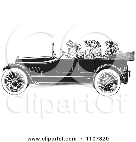 Clipart Women Riding In A Retro Black And White Vintage Convertible Car - Royalty Free Vector Illustration by BestVector