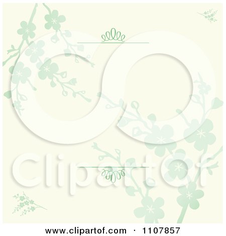 Clipart Beige And Green Blossom Floral Invitation Background With Swirl Rules - Royalty Free Vector Illustration by BestVector