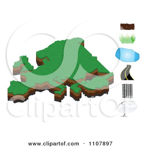Clipart European Map With Dirt Grass Water Road Tire Tracks And Messenger Icons - Royalty Free Vector Illustration by Andrei Marincas