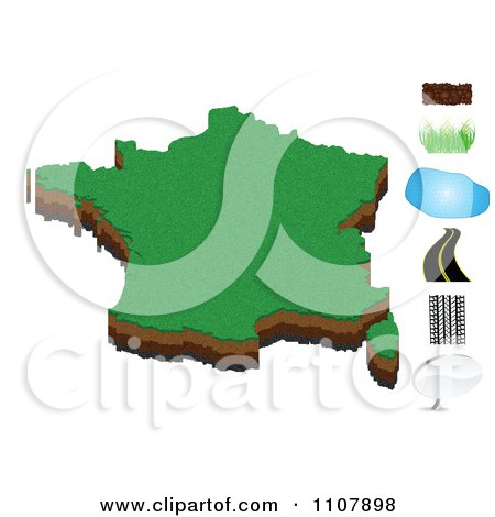 Clipart France Map With Dirt Grass Water Road Tire Tracks And Messenger Icons - Royalty Free Vector Illustration by Andrei Marincas