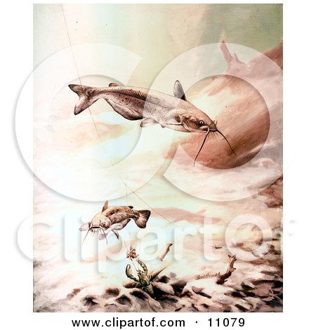 Clipart Illustration of Channel Catfish Swimming by a Crawdad and Fishing Hook by JVPD