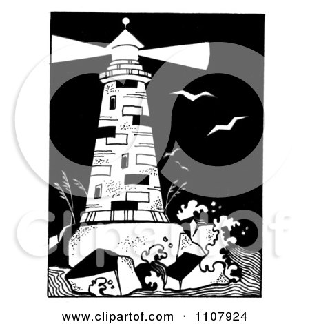Clipart Black And White Lighthouse With A Shining Beacon On A Rocky Island - Royalty Free Vector Illustration by LoopyLand