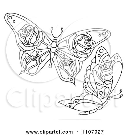 Clipart Black And White Butterflies With Rose Patterns - Royalty Free Illustration by LoopyLand