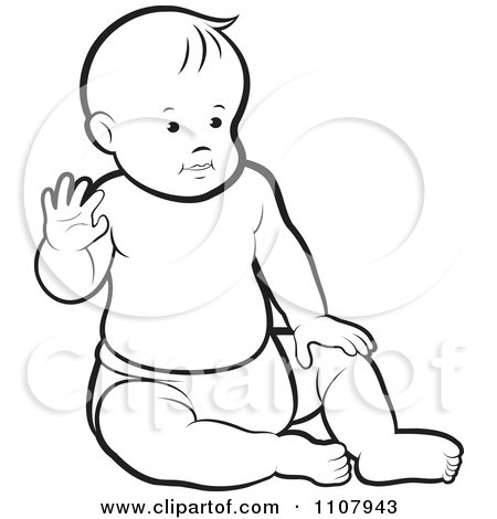 Clipart Outlined Caucasian Baby Boy Sitting Up And Waving - Royalty Free Vector Illustration by Lal Perera