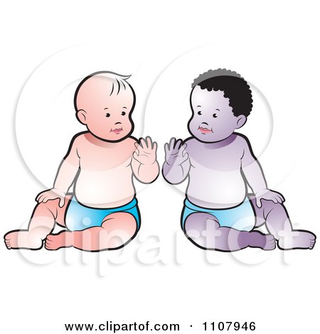 Clipart Black And White Babies Sitting Up And Waving - Royalty Free Vector Illustration by Lal Perera