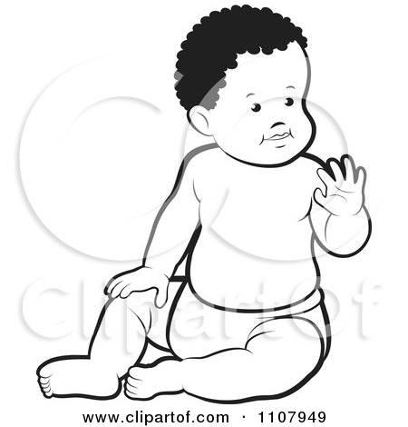 Clipart Outlined Black Baby Boy Sitting Up And Waving - Royalty Free Vector Illustration by Lal Perera