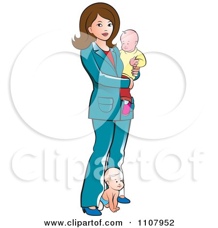 Clipart Brunette Mother With Two Babies - Royalty Free Vector Illustration by Lal Perera