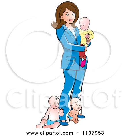 Clipart Brunette Mother With Three Babies - Royalty Free Vector Illustration by Lal Perera