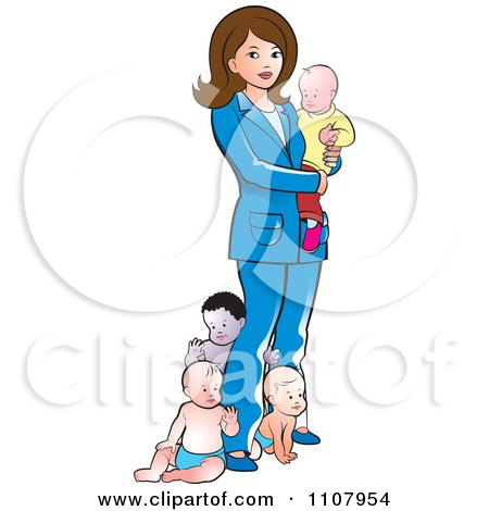 Clipart Brunette Mother With Four Babies - Royalty Free Vector Illustration by Lal Perera