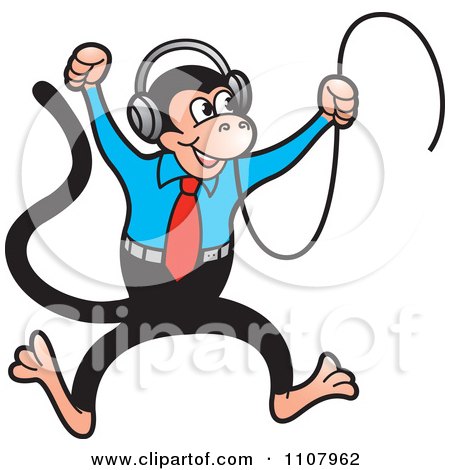 Clipart Happy Monkey Jumping And Wearing Headphones - Royalty Free