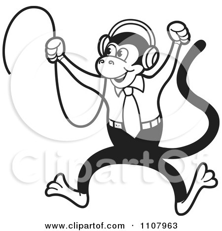 Clipart Happy Black And White Monkey Jumping And Wearing Headphones - Royalty Free Vector Illustration by Lal Perera