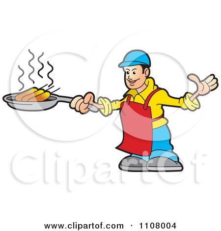 Clipart Happy Male Chef Frying Corn Dogs 1 - Royalty Free Vector Illustration by Lal Perera