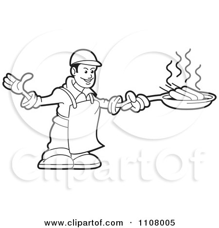 Clipart Outlined Happy Male Chef Frying Corn Dogs - Royalty Free Vector Illustration by Lal Perera