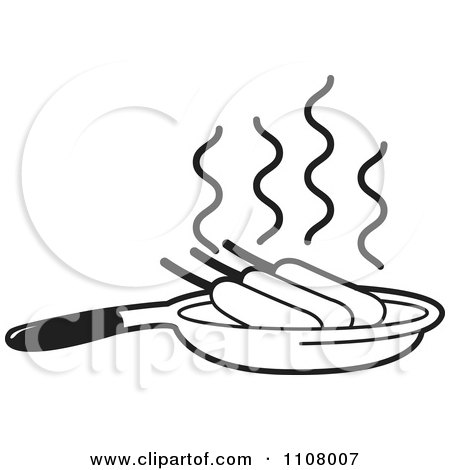 Clipart Black And White Corn Dogs Frying In A Pan - Royalty Free Vector Illustration by Lal Perera
