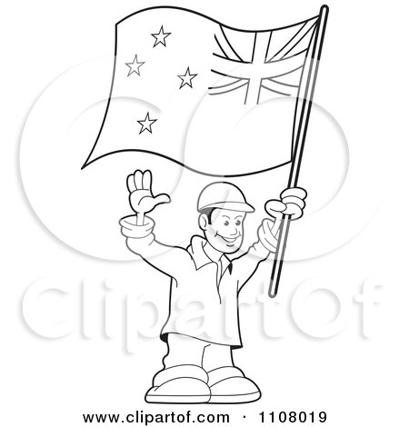 Clipart Outlined Happy Man Holding A New Zealand Flag - Royalty Free Vector Illustration by Lal Perera