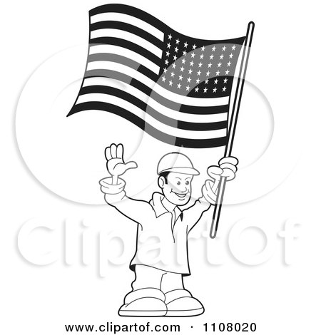 Clipart Black And White Happy Man Holding An American Flag - Royalty Free Vector Illustration by Lal Perera