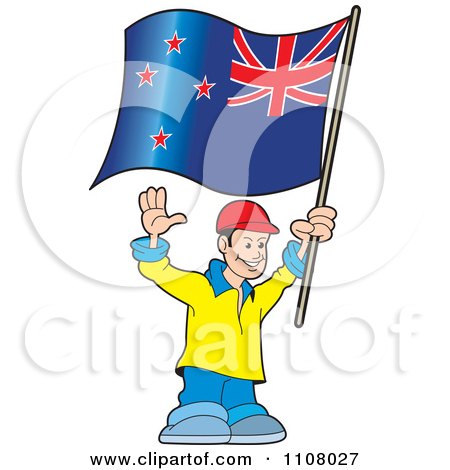 Clipart Happy Man Holding A New Zealand Flag - Royalty Free Vector Illustration by Lal Perera