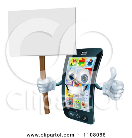Clipart 3d Happy Silver Touch Screen Smart Cell Phone Holding A Thumb Up And Sign - Royalty Free Vector Illustration by AtStockIllustration