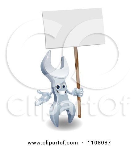 Clipart 3d Spanner Wrench Character With A Sign - Royalty Free Vector Illustration by AtStockIllustration