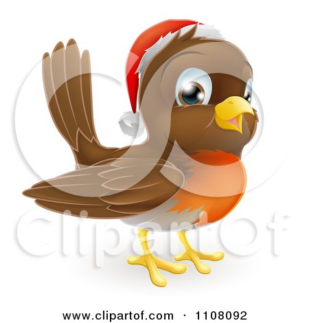 Clipart Cute Christmas Robin Wearing A Santa Hat - Royalty Free Vector Illustration by AtStockIllustration