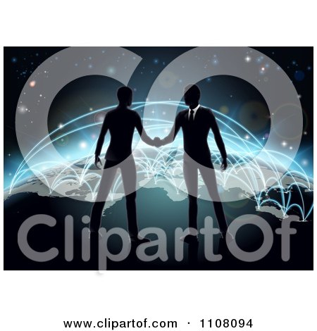 Clipart Silhouetted Businessmen Shaking Hands On Earth With Blue Glowing Routes - Royalty Free Vector Illustration by AtStockIllustration