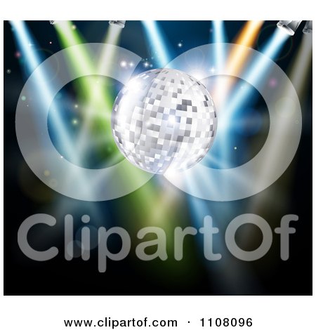 Clipart 3d Silver Disco Ball With Stage Lights On Black - Royalty Free Vector Illustration by AtStockIllustration