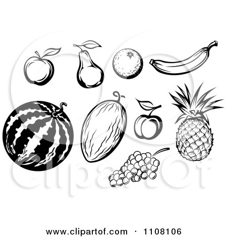 Clipart Black And White Apple Pear Orange Banana Pineapple Peach Grapes And Melons - Royalty Free Vector Illustration by Vector Tradition SM