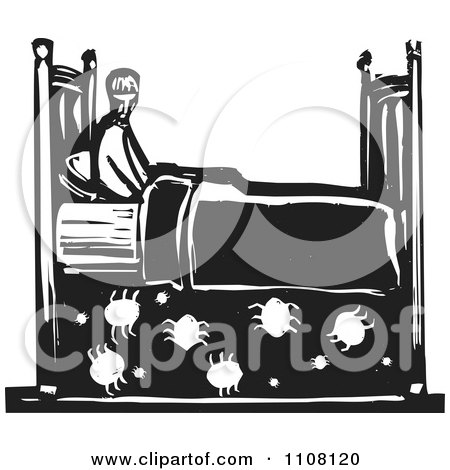 Clipart Man Sitting Up With Bedbugs Under His Matress Black And White Woodcut - Royalty Free Vector Illustration by xunantunich