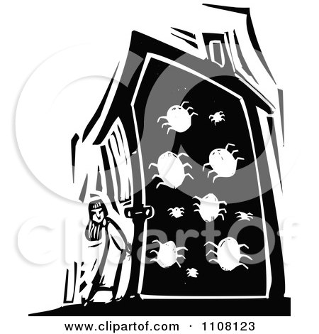 Clipart Girl Standing Outside A House Infested With Bugs Black And White Woodcut - Royalty Free Vector Illustration by xunantunich