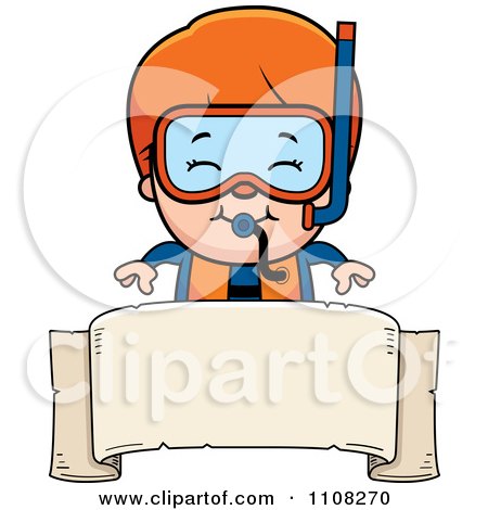 Clipart Happy Red Haired Scuba Boy Over A Blank Banner - Royalty Free Vector Illustration by Cory Thoman