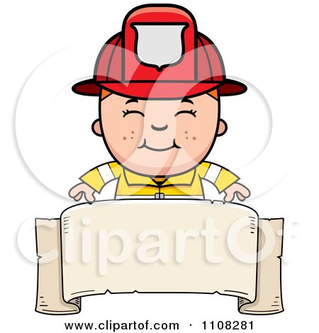 Clipart Happy Fire Fighter Boy Over A Blank Banner - Royalty Free Vector Illustration by Cory Thoman