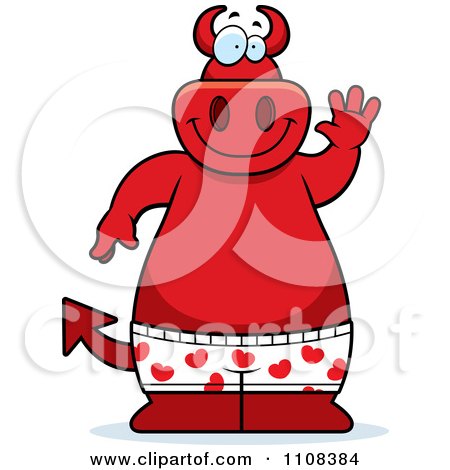 Clipart Big Red Devil Waving And Wearing Boxers - Royalty Free Vector Illustration by Cory Thoman