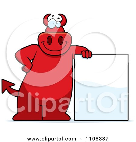 Clipart Big Red Devil Leaning By A Sign - Royalty Free Vector Illustration by Cory Thoman