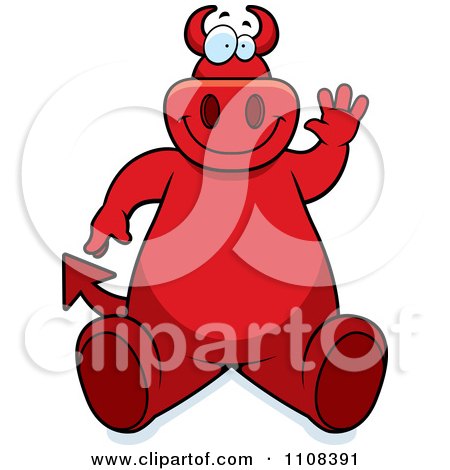 Clipart Big Red Devil Sitting And Waving - Royalty Free Vector Illustration by Cory Thoman