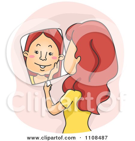 Clipart Red Haired Woman Blushing And Looking In A Mirror Over Pink - Royalty Free Vector Illustration by BNP Design Studio