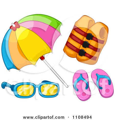 Clipart Summer Beach Umbrella Life Jacket Flip Flops And Sunglasses - Royalty Free Vector Illustration by BNP Design Studio