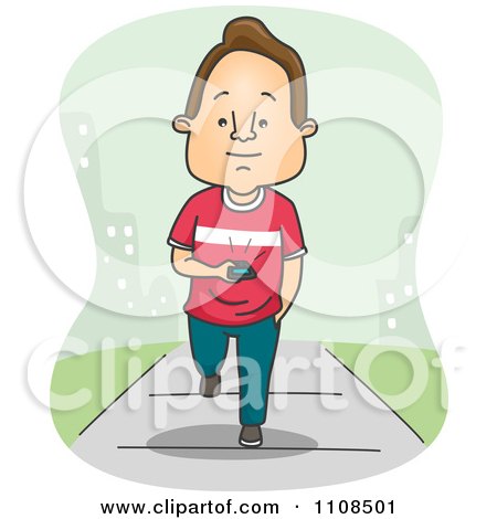 Clipart Man Walking Down A Sidewalk And Texting In A City - Royalty Free Vector Illustration by BNP Design Studio