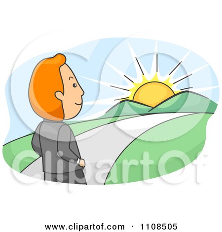 Clipart Businessman Walking Towards A Sunrise And Bright Future - Royalty Free Vector Illustration by BNP Design Studio