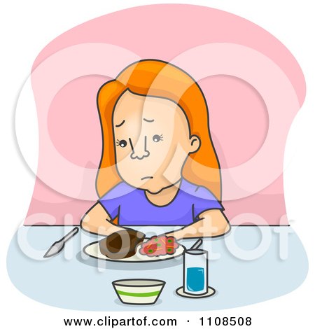 Clipart Depressed Girl Sitting At A Table Without An Appetite On Pink - Royalty Free Vector Illustration by BNP Design Studio