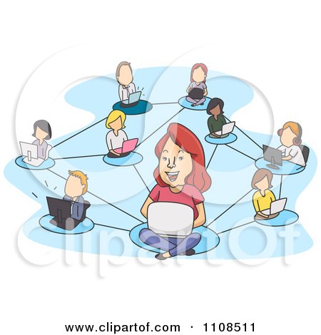 Clipart Network Of Socializing People And Laptops Over Blue - Royalty Free Vector Illustration by BNP Design Studio
