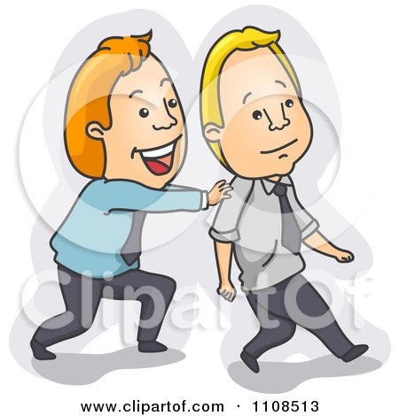 Clipart Businessman Encouraging And Pushing His Friend Forward - Royalty Free Vector Illustration by BNP Design Studio