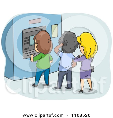 Clipart Line Of People At A Bank ATM Machine Over Blue - Royalty Free Vector Illustration by BNP Design Studio