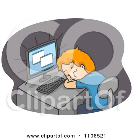 Clipart Tired Man Sleeping At His Computer Desk Over Gray - Royalty Free Vector Illustration by BNP Design Studio
